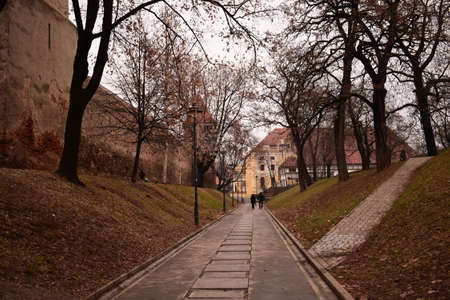 sidewalk outside of old fortified citadel in Fagarasのeditorial素材