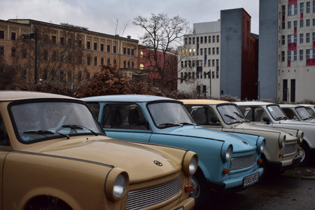 Trabants vintage cars lined up in a parking lot in Mitte Berlin