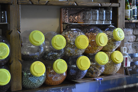 Jars of nuts for sale in a nut shop in Kreuzberg Berlin