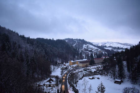 View of mountain landscape from inside Brans castle in Branのeditorial素材