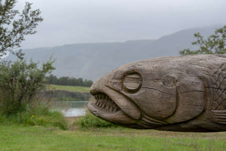 Landscape of fish sculpture near Olfusa river in Selfoss Icelandの写真素材