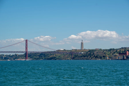 Landscape of Sanctuary of Christ the King Statue on a sunny summer day in Lisbon