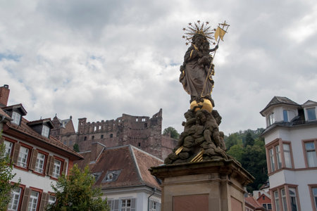 Landscape of building architecture and statue in plaza in Heidelberg Baden Wurttemburgのeditorial素材