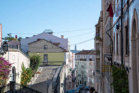 Landscape of street view of traditional building with azulejo tiles in Lisbonのeditorial素材