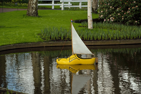 Landscape of field of clog in canal at Keukenhof gardens in Lisse Holland The Netherlandsの写真素材