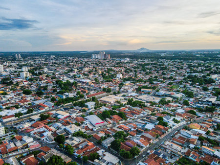 Aerial cityscape at sunset during summer in central Cuiaba Brazilのeditorial素材
