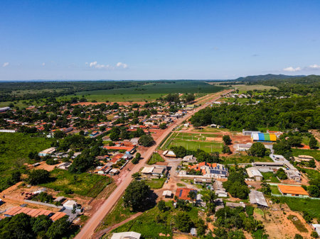Aerial landscape of village of Bom Jardim during summer in Nobres countryside in Mato Grosso Brazilのeditorial素材