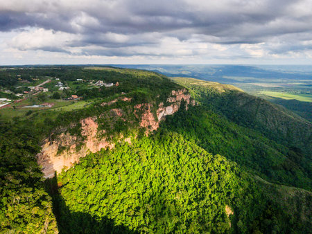 Aerial landscape of Chapada dos GuimarÃ£es National Park during summer in Mato Grosso Brazilの写真素材