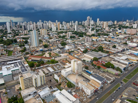 Aerial city scape before a storm during summer in Cuiaba Mato Grosso Brazilのeditorial素材