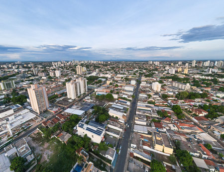 Aerial city scape at sunset during summer in Cuiaba Mato Grosso Brazilのeditorial素材