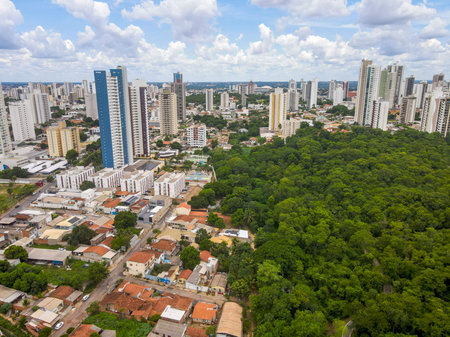 Aerial city scape of Parque Mae Bonafacia park in summer in Cuiaba Mato Grosso Brazil