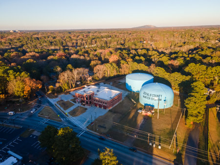 Aerial landscape of water tower near Glenwood road during fall in Decatur Atlanta Georgia USAのeditorial素材