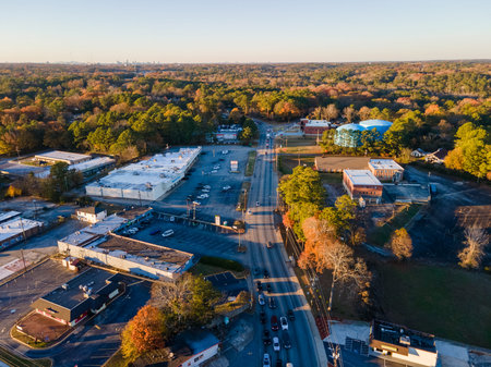 Aerial landscape of parking lot on Glenwood Avenue during fall in Decatur Atlanta Georgia USA
