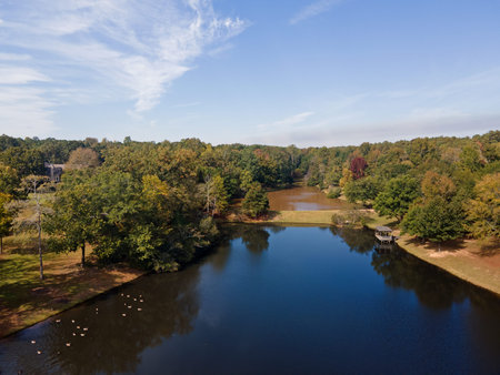Aerial sunset landscape of forest and lake in rural neighborhood CSRA Grovetown Augusta Georgia USA