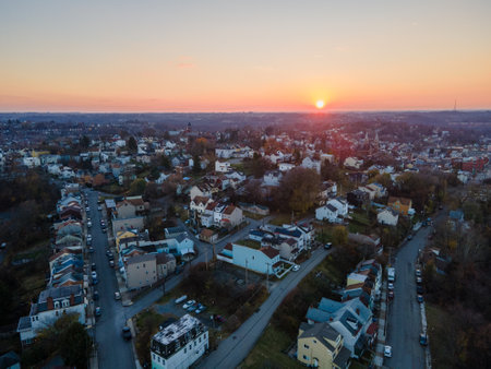 Aerial cityscape at sunset during fall and residential Pittsburgh Pennsylvania USAのeditorial素材