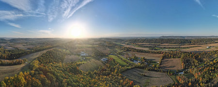 Aerial landscape of farmland in the Appalachian mountains in rural Herndon Central Pennsylvania USA