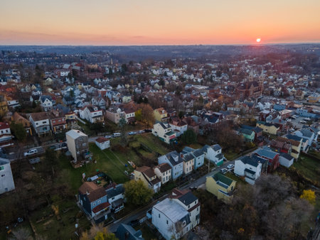 Aerial cityscape at sunset during fall and residential Pittsburgh Pennsylvania USAのeditorial素材