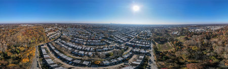 Aerial panorama of suburban multifamily homes in suburban Ardmore Philadelphia Pennsylvania USA