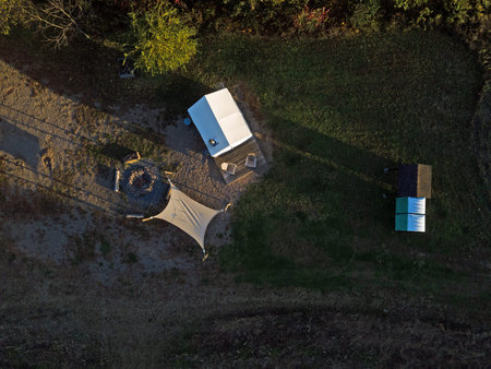 Aerial top down of tent on camp grounds in the Appalachian mountains in rural Central Pennsylvania...