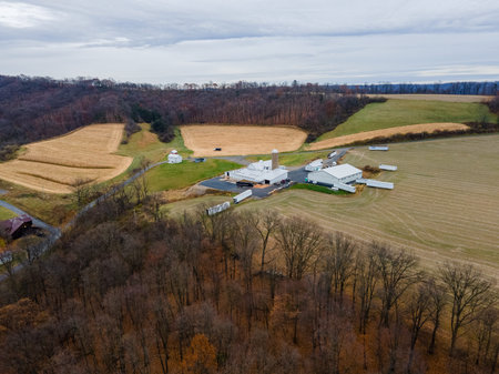 Aerial landscape of farmland in the Appalachian mountains in rural Herndon Central Pennsylvania USAのeditorial素材
