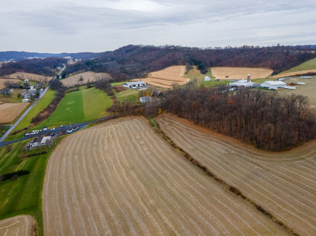 Aerial landscape of farmland in the Appalachian mountains in rural Herndon Central Pennsylvania USA