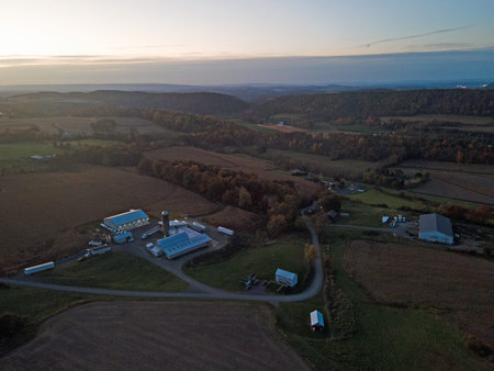 Aerial landscape of farmland in the Appalachian mountains in rural Herndon Central Pennsylvania USA