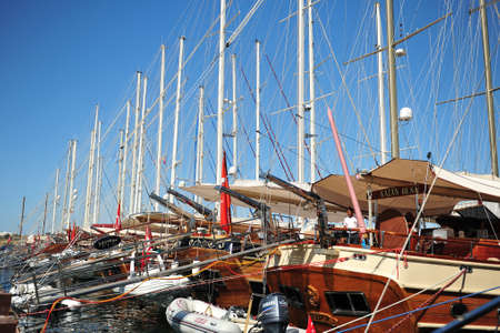 Bodrum harbour side with yacht lined upのeditorial素材