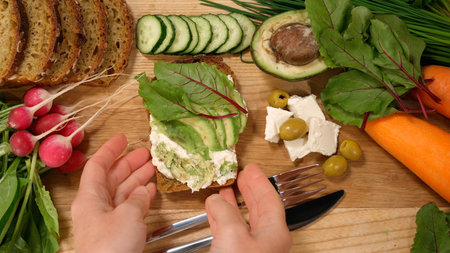 Fresh vegetarian sandwich and ingredients for cooking on table top viewの写真素材