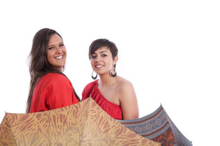 smiling woman with umbrella isolated on white backgroundの写真素材