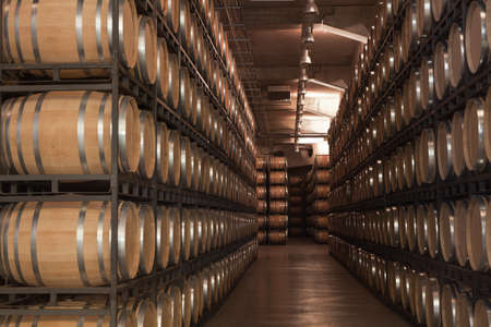 Valladolid, Spain, July 9th, 2011. Inside a winery in Ribera del Duero, with wine barrels stackedのeditorial素材