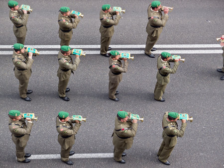 Valladolid, Spain, June 2, 2012. Military band of men and women, with horns Army in the annual...