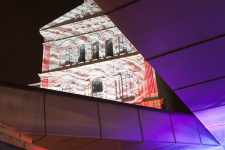 Bilbao, Spain - June 17, 2012. Detail of the facade of the University of Deusto in Bilbao, Spain, during "White Night" in which all monuments have special lighting and stay open until dawnのeditorial素材