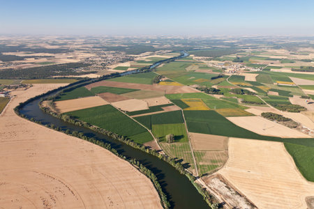 Aerial view of the Douro River as it passes through the province of Valladolid, Spain