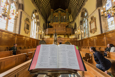 Oxford, United Kingdom - May 15, 2016: Bible in his lectern in the chapel of Balliol College in...