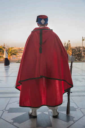 Rabat, Morocco - September 16, 2015; Royal guard at the Monument to the tomb of Hassan in Rabat,...