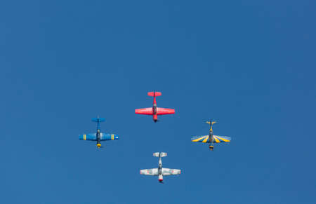 Tordesillas, Spain - September 23, 2018; Flight in formation of the aircraft of the aerobatic patrol Jacob52 during an acrobatic exhibition at the Matilla aerodrome, in Tordesillas, Spainのeditorial素材