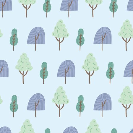 Blue green trees seamless repeat vector pattern. Perfect for wallpaper, backgrounds, stationery, papers, fabric, beddingのイラスト素材