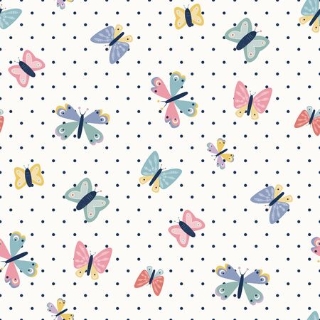 Scattered spot butterfly seamless repeat vector pattern. Great for paper products and stationery such as invitations, notebooks and party items. Would be great for gift and home ware products such as bedding as well as childrens clothing.のイラスト素材