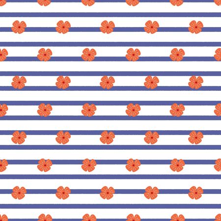 Red flowers on blue and white stripe background seamless repeat vector pattern. Great for paper products and stationery such as invitations, notebooks and party items. Would be great for gift and home ware products such as bedding as well as childrens clothing. Surface pattern design.のイラスト素材