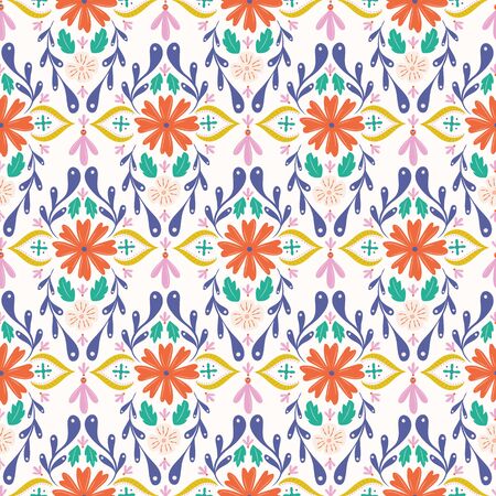 Colourful folk damask semaless repeat vector pattern background. Great for paper products and stationery such as invitations, notebooks and party items. Would be great for gift and home ware products such as bedding as well as childrens clothing. Surface pattern design.のイラスト素材