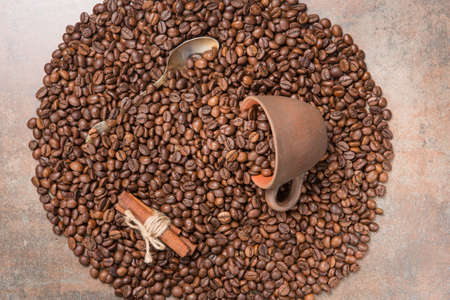 Coffee in the cup on the boardsの写真素材