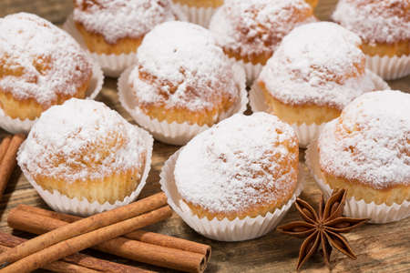 Cupcakes, muffins on a wooden tableの写真素材
