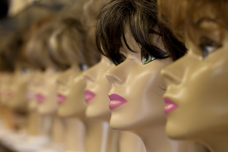 Heads with wigs in a salon for sale  Focus on second head on the right 