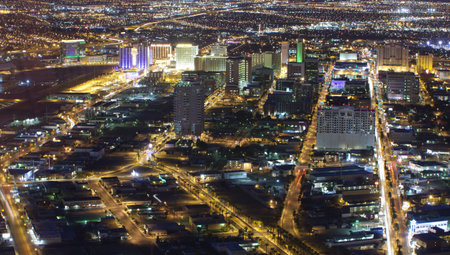 Aerial view of the downtown area of Las Vegas where Fremont Street Experience is located between Main Street  left  and South Las Vegas Blvd  right   This area is where the famous Plaza Hotel, Golden Gate, Golden Nugget, Four Queens, Fitzgeralds, Luck Ladのeditorial素材