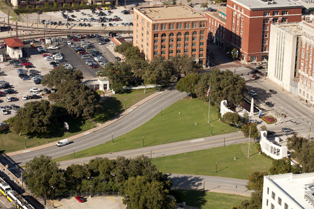 Aerial view of Dealey Plaza and the former Texas School Book Depository building in the historic West End district of downtown Dallas, Texas  U S  , is the location of the assassination of President John F  Kennedy on November 22, 1963  のeditorial素材