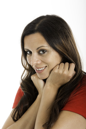 Pretty woman, smiling and look looking at camera, Shot on a white background の写真素材