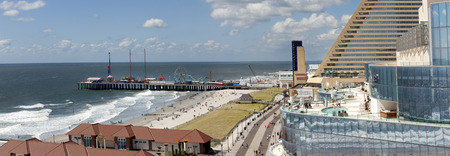 Panoramic view of the famous, Atlantic City boardwalk, beach, casinos and amusement pier  3 pictures were used to make this large panoramic imageのeditorial素材
