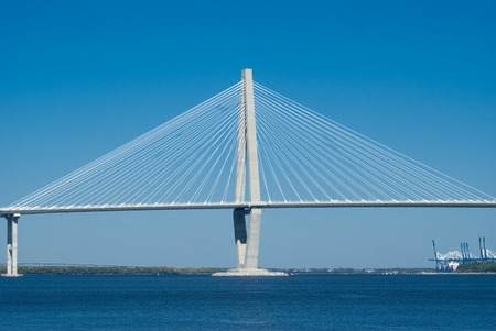 Scenic View of the Cooper River Bridge and marina in Charleston, South Carolinaの写真素材