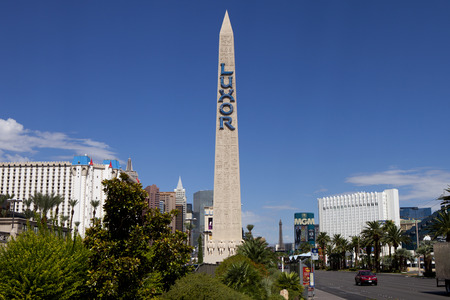 Obelisk Sign for Luxor hotel casino in Las Vegas. The hotel is named after the city of Luxor (ancient Thebes) in Egypt. Luxor. The Luxor is located on the southern end of the Las Vegas strip. The Obelisk, also known as a tekhenu is covered in hieroglyphicのeditorial素材