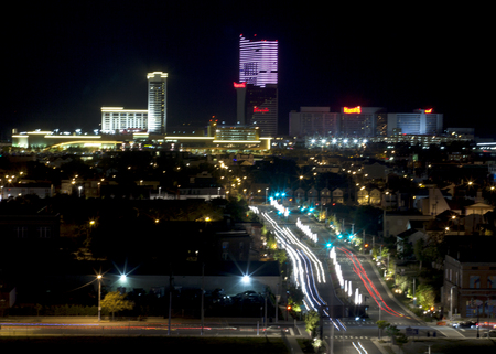 Back bay and marina district of Atlantic City, New Jersey at night with Golden Nugget Casino, Harrah\\\\のeditorial素材